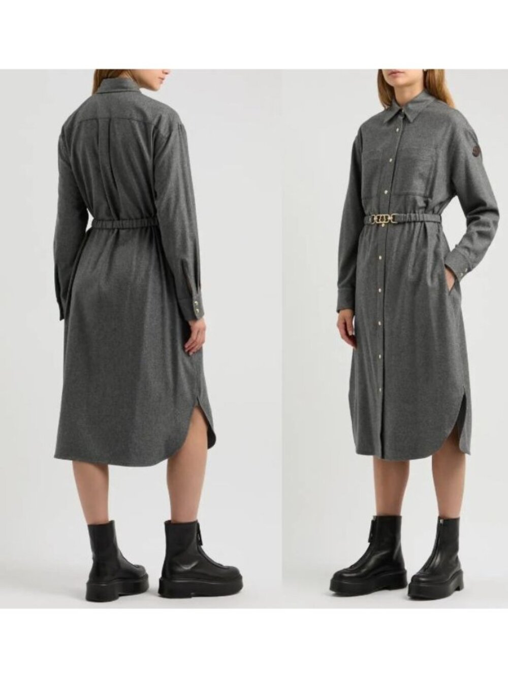 NEW Moncler Grey Wool Blend Midi Shirt Dress, Size IT 40